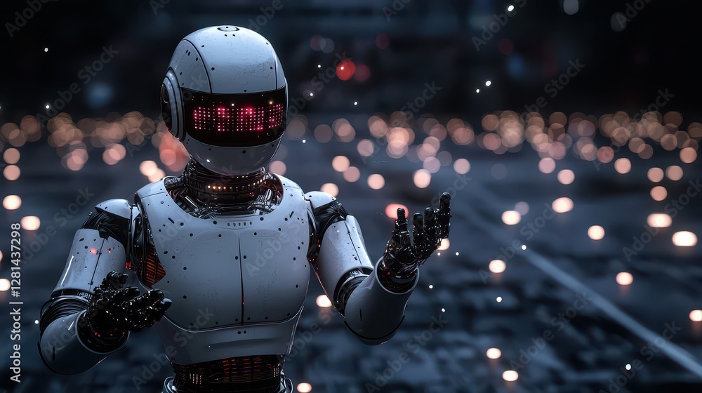 Naklejka premium Futuristic Robot with LED Lights in Dark Setting