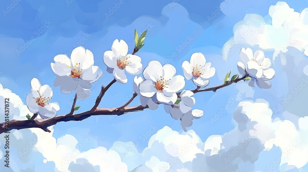 A painting of a branch with white flowers and a blue sky A painting of a branch with white flowers and a blue sky