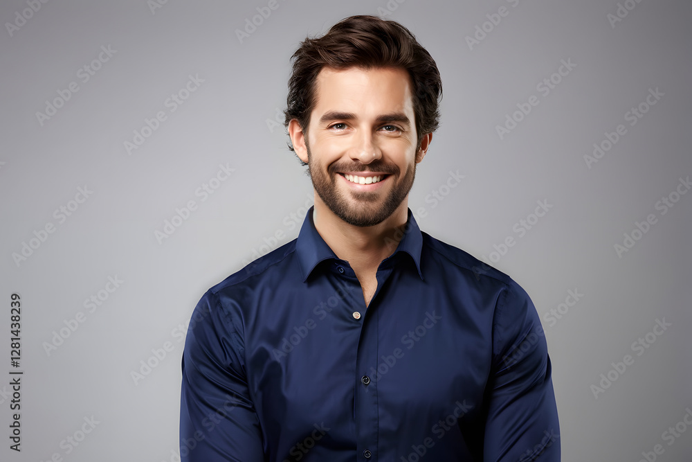 A man is smiling and wearing a blue shirt