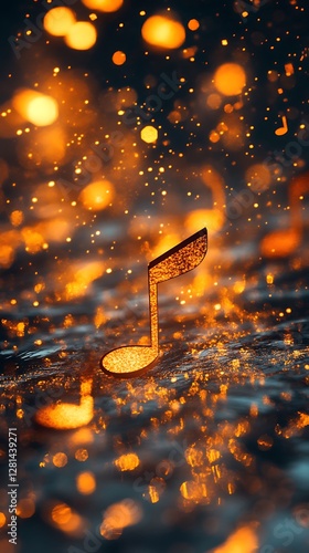 Golden musical note floating amongst glowing bokeh particles