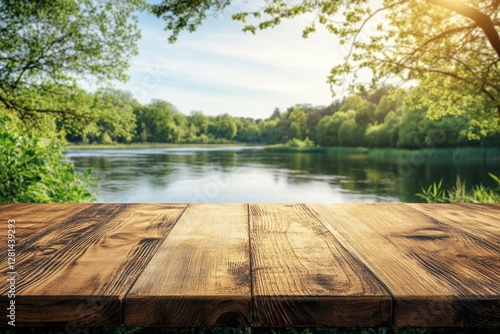 Fototapeta Naklejka Na Ścianę i Meble -  Serene lake view with lush green trees under a bright sky and rustic wooden table surface in foreground