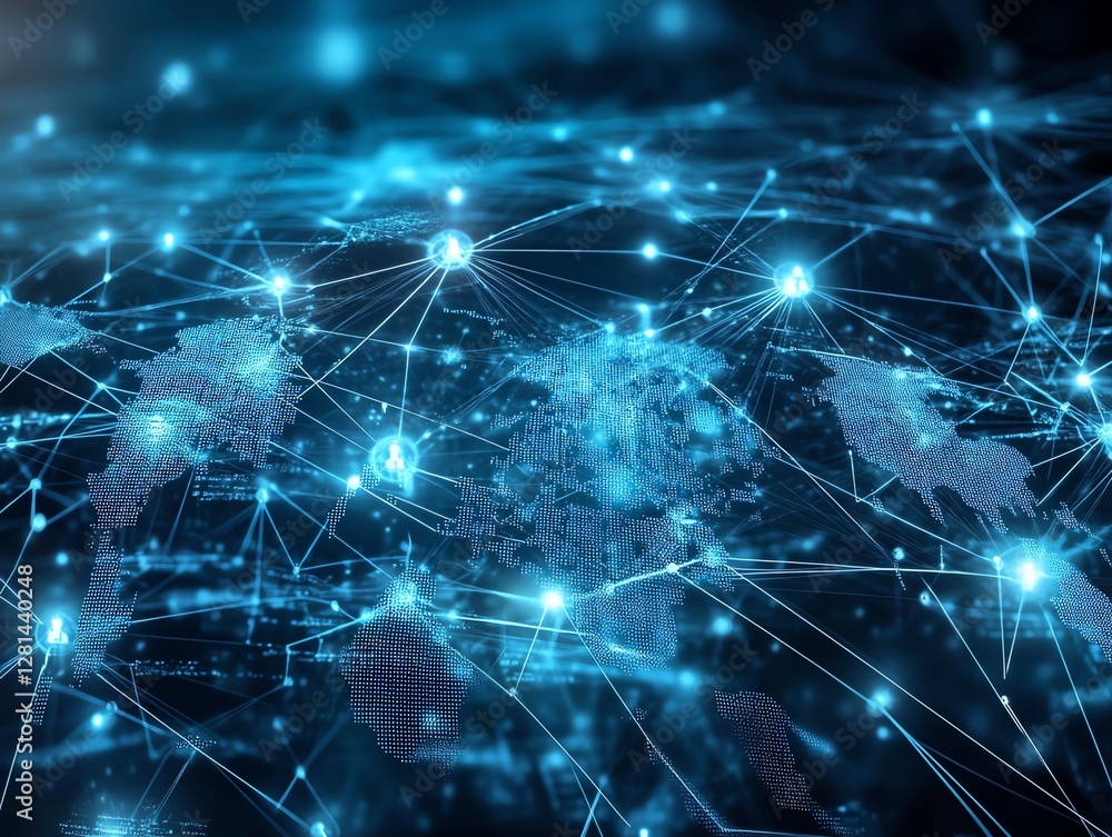 A global business network with digital connections, internet communication lines, and futuristic world banking symbols on a hightech financial background A global business network with digital connections, internet communication lines, and futuristic world banking symbols on a hightech financial background