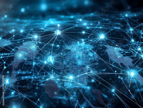 A global business network with digital connections, internet communication lines, and futuristic world banking symbols on a hightech financial background