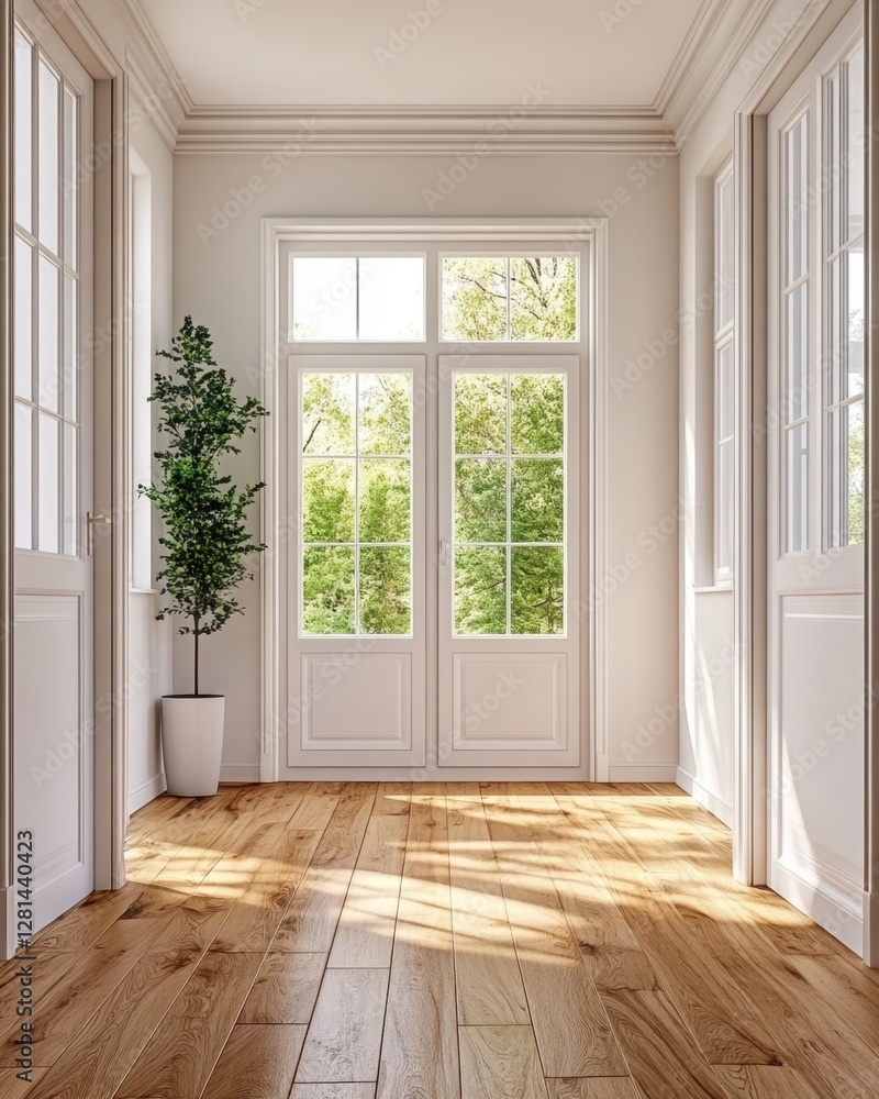 Fototapeta premium Bright Interior View of a Hallway with Wooden Floor Plant and White Doors Leading to a Lush Green Garden