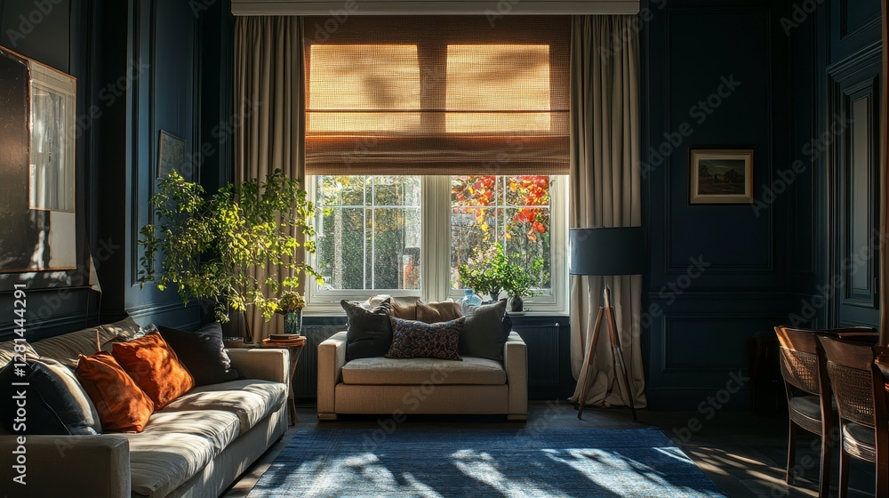 Elegant Living Room With Modern Decor in a City Apartment Showcasing Warm Tones, Large Windows, and Stylish Furnishings During the Golden Hour of the Afternoon Elegant Living Room With Modern Decor in a City Apartment Showcasing Warm Tones, Large Windows, and Stylish Furnishings During the Golden Hour of the Afternoon