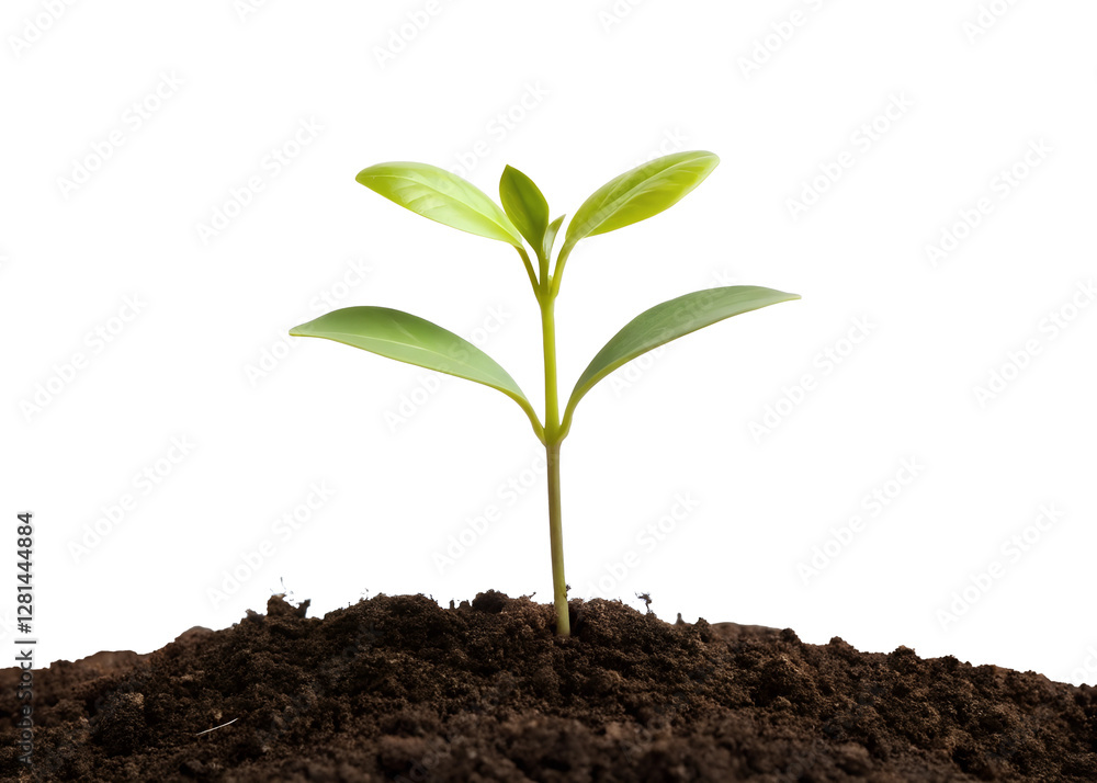 Young seedling plant growing from soil on white, new plant sprouting from soil on white backdrop, Cut Out Young seedling plant growing from soil on white, new plant sprouting from soil on white backdrop, Cut Out