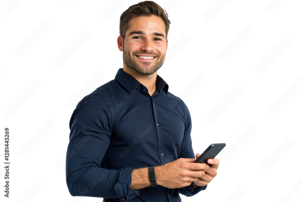 Confident young man in a modern outfit holding a phone, smiling warmly. Generated AI Confident young man in a modern outfit holding a phone, smiling warmly. Generated AI