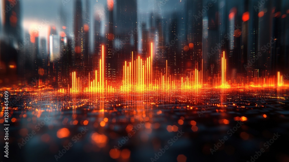 Fototapeta premium Vibrant city skyline at dusk with glowing sound waves reflecting on a wet surface
