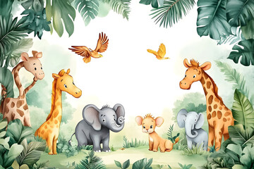 Gardinen Kinderzimmer Cute cartoon safari zoo with animal frame border on background in watercolor style.  © Prasanth