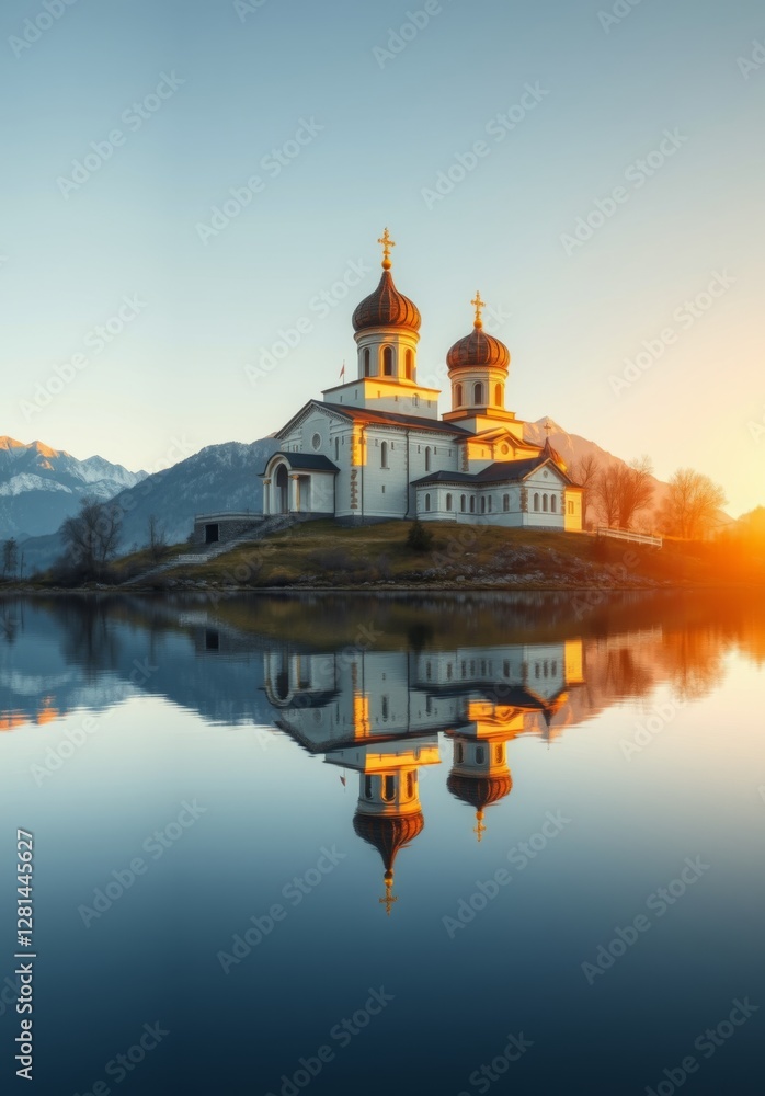 A grand church perfectly mirrored on a tranquil lake during sunrise, encapsulating a moment of spiritual reflection amidst nature's breathtaking beauty and vibrant colors. A grand church perfectly mirrored on a tranquil lake during sunrise, encapsulating a moment of spiritual reflection amidst nature's breathtaking beauty and vibrant colors.
