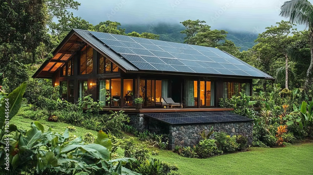 Modern Eco-Friendly House With Solar Panels Surrounded by Lush Greenery at Sunset, Showcasing Sustainable Living in Harmony With Nature Modern Eco-Friendly House With Solar Panels Surrounded by Lush Greenery at Sunset, Showcasing Sustainable Living in Harmony With Nature