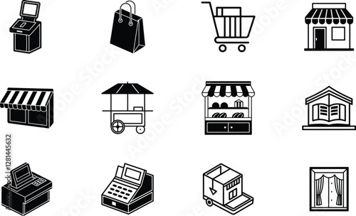 Retail Store Icons Shops, Carts, POS Systems, and Shopping Bags