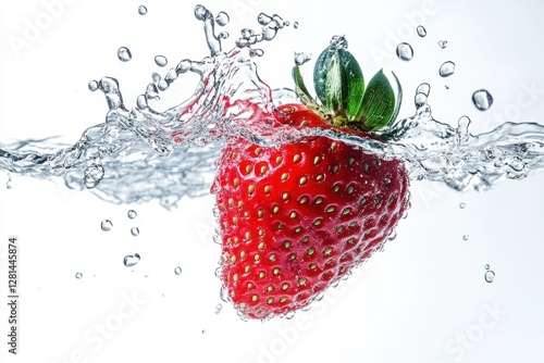 Fresh red strawberry plunges into clear water, creating an energetic splash and vibrant imagery. Generated AI