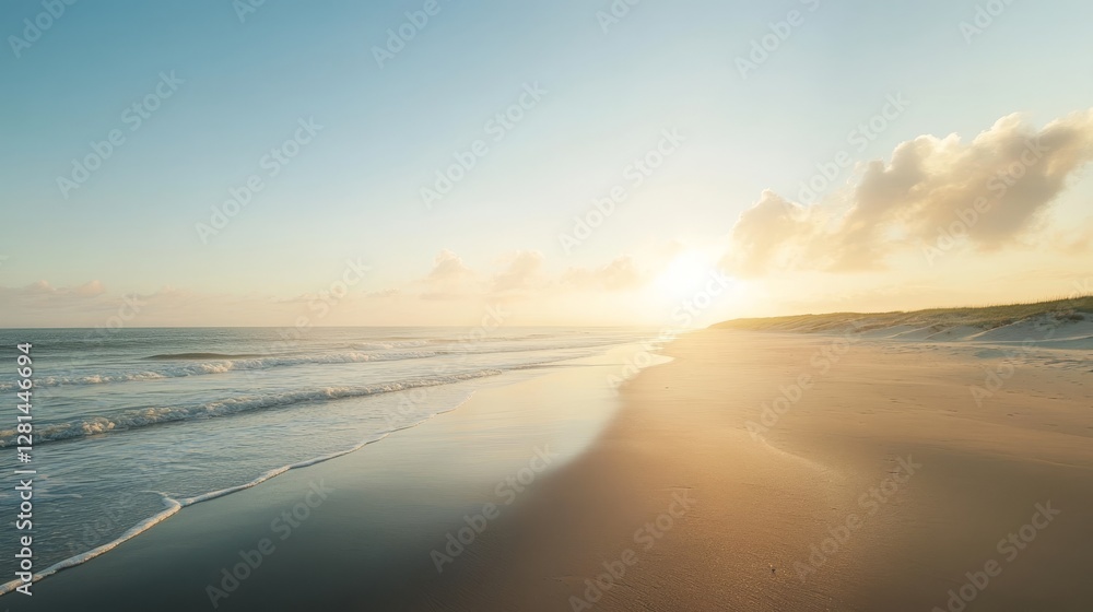 Golden Sunset Reflecting on a Serene Beach With Gentle Waves and Silhouetted Dunes Near the Shore During Twilight Golden Sunset Reflecting on a Serene Beach With Gentle Waves and Silhouetted Dunes Near the Shore During Twilight