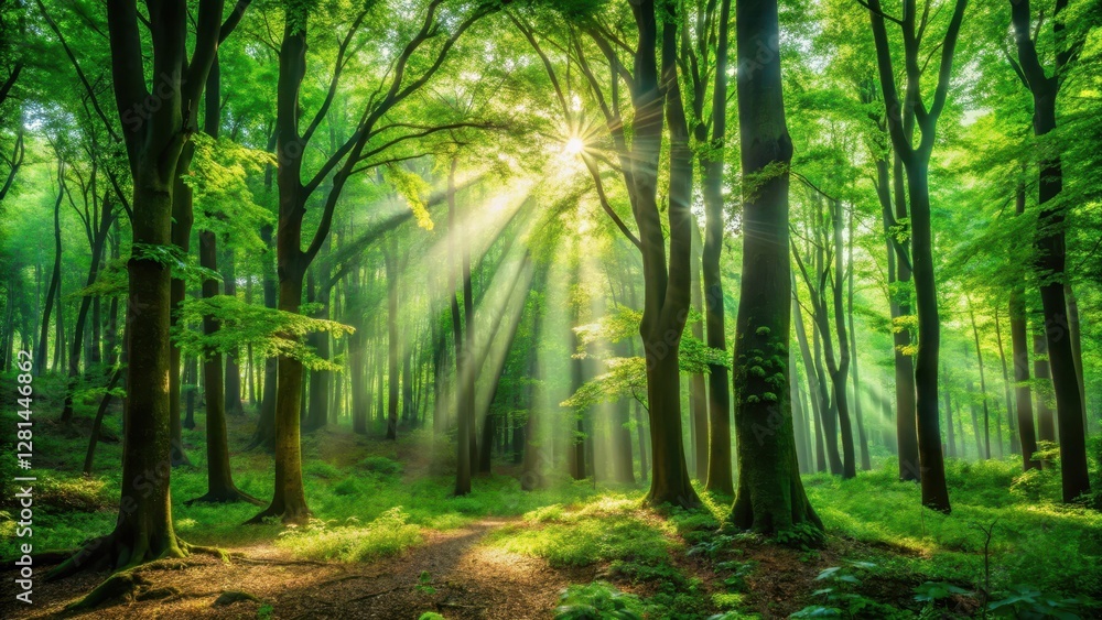 Obraz premium Dense foliage and towering trees under a canopy of dappled sunlight filtering through leaves in a lush green forest environment, woodland, forest floor