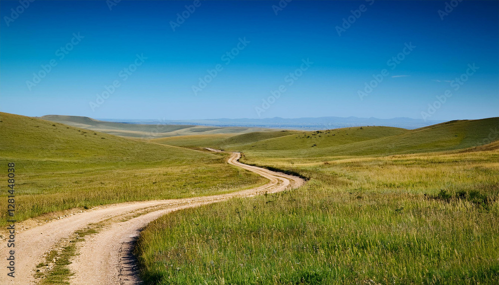 a scenic view of a winding dirt road through vast open grasslands under a clear blue sky a scenic view of a winding dirt road through vast open grasslands under a clear blue sky