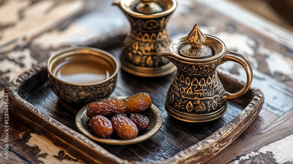 A traditional Arabic coffee and dates arrangement A traditional Arabic coffee and dates arrangement