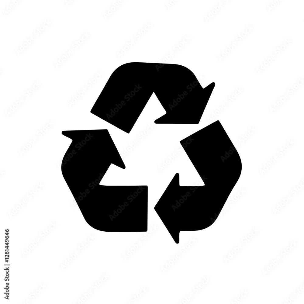 Minimalist black silhouette of a recycling symbol on white background Minimalist black silhouette of a recycling symbol on white background