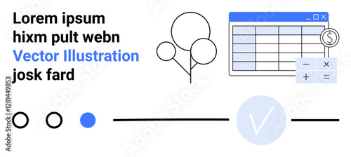 Text and chart elements with a table window, currency symbol, checkmark, and circular progress indicators. Ideal for business analytics, finance management, data visualization, progress tracking
