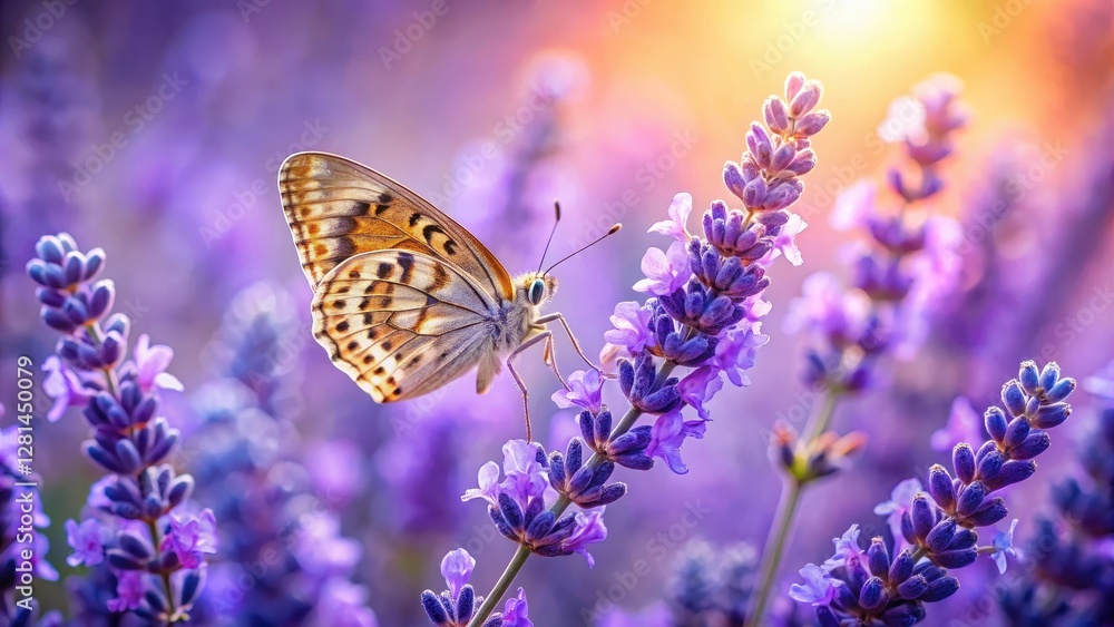 Delicate butterfly with iridescent wings perched on a purple blooming lavender flower Delicate butterfly with iridescent wings perched on a purple blooming lavender flower