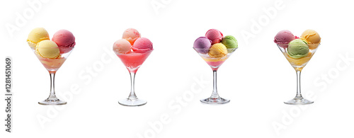 Colorful Ice Cream Scoops in Elegant Glasses on White Background