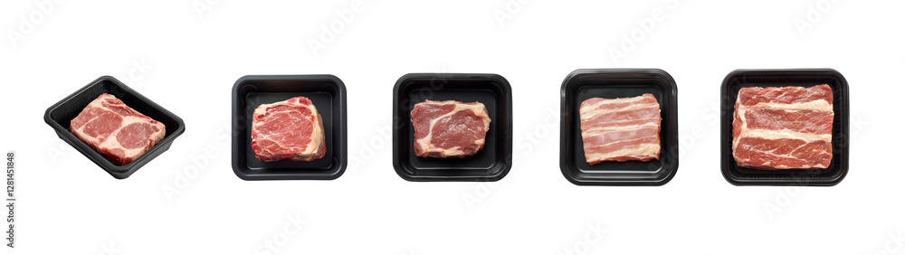 Fresh Raw Meat Cuts in Black Styrofoam Containers for Cooking Fresh Raw Meat Cuts in Black Styrofoam Containers for Cooking