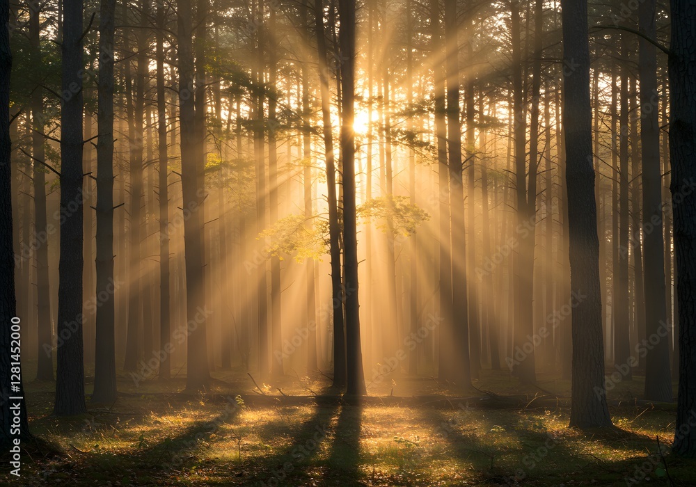 Obraz premium Sunlight streams through a misty forest, creating ethereal golden rays piercing through tall trees. A tranquil scene with enchanting, magical light.