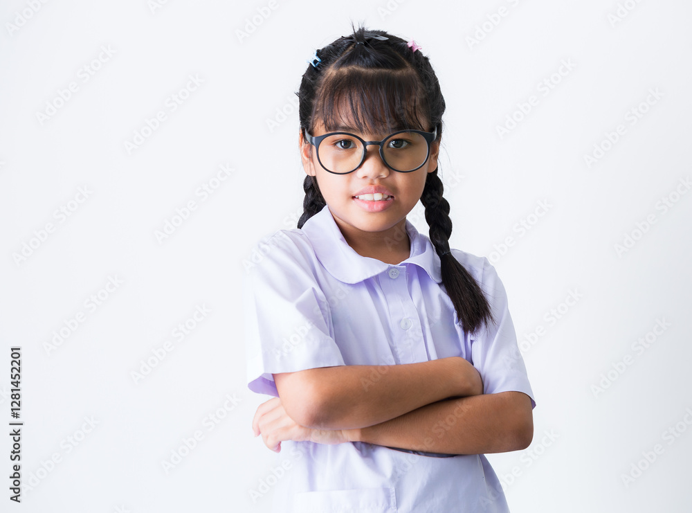 Thai school girl in uniform isolated on white background,Portrait of thinking Asian school girl in school uniform isolated on white background. Thai school girl in uniform isolated on white background,Portrait of thinking Asian school girl in school uniform isolated on white background.