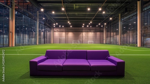 Vibrant Purple Sofa Placed on Artificial Turf in a Spacious, Modern Sports Facility During Daylight Hours