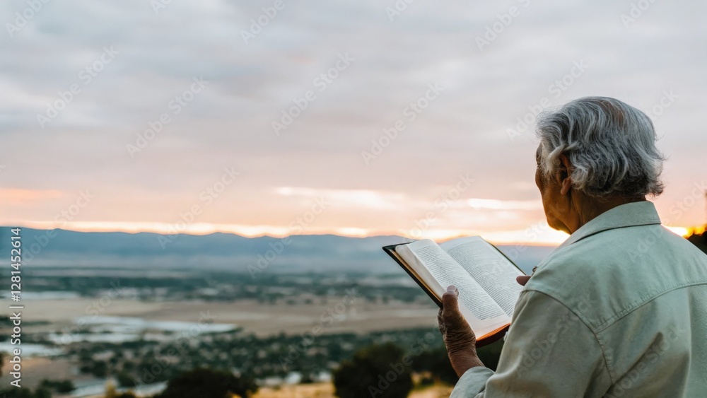 Elderly man stands outdoors, reading a book while enjoying a serene sunset. The landscape features vast fields and distant mountains under a colorful sky, creating a peaceful atmosphere Elderly man stands outdoors, reading a book while enjoying a serene sunset. The landscape features vast fields and distant mountains under a colorful sky, creating a peaceful atmosphere