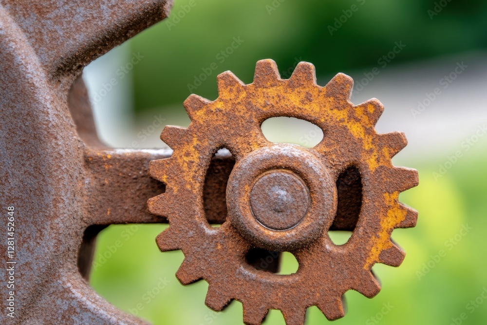A rusty, yellow-tinged gear, connected to a larger piece of machinery, against a blurred green background, showing signs of age and wear. A rusty, yellow-tinged gear, connected to a larger piece of machinery, against a blurred green background, showing signs of age and wear.