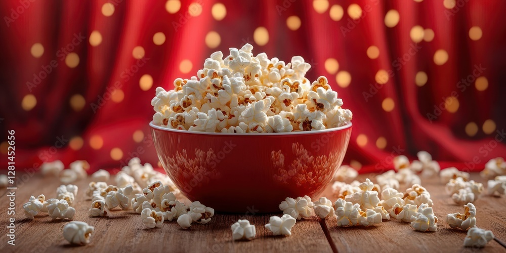 Freshly popped popcorn in a red bowl resting on a wooden table with a blurred festive background Freshly popped popcorn in a red bowl resting on a wooden table with a blurred festive background