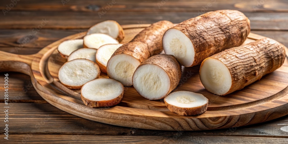 Fresh cassava roots with brown skin and white flesh, sliced into thin rounds on a wooden cutting board , green, yellow Fresh cassava roots with brown skin and white flesh, sliced into thin rounds on a wooden cutting board , green, yellow