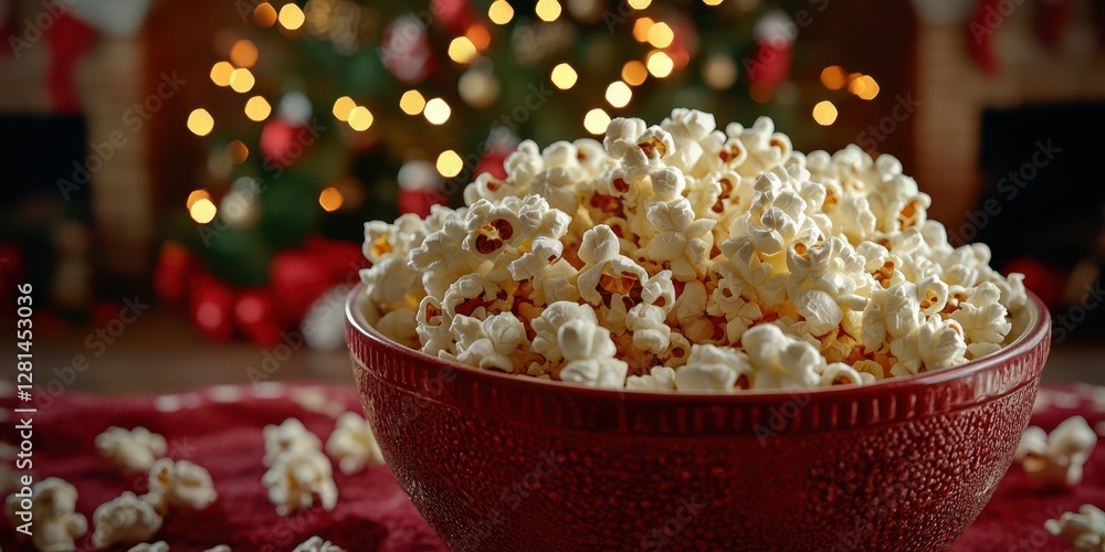 Festive bowl of popcorn in front of a decorated Christmas tree with glowing lights and holiday decorations Festive bowl of popcorn in front of a decorated Christmas tree with glowing lights and holiday decorations