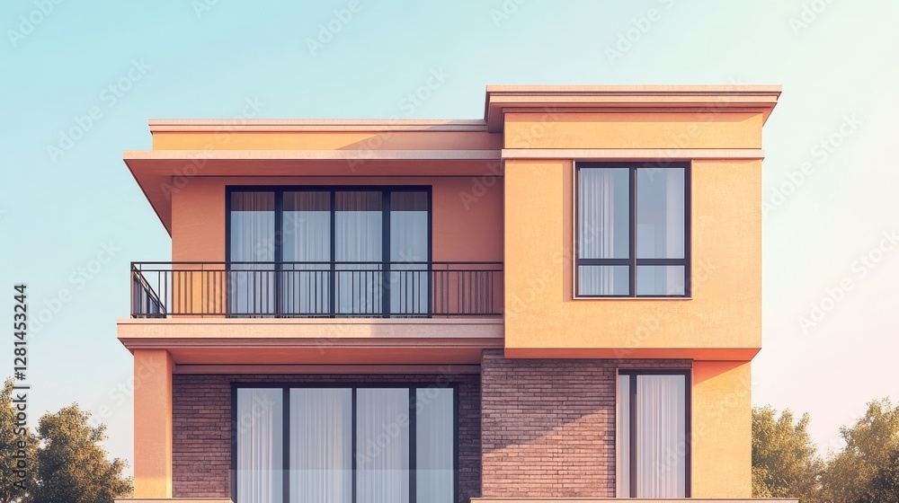 Modern Two-Story House With Large Windows and Balcony in a Suburban Neighborhood During Bright Daylight Modern Two-Story House With Large Windows and Balcony in a Suburban Neighborhood During Bright Daylight