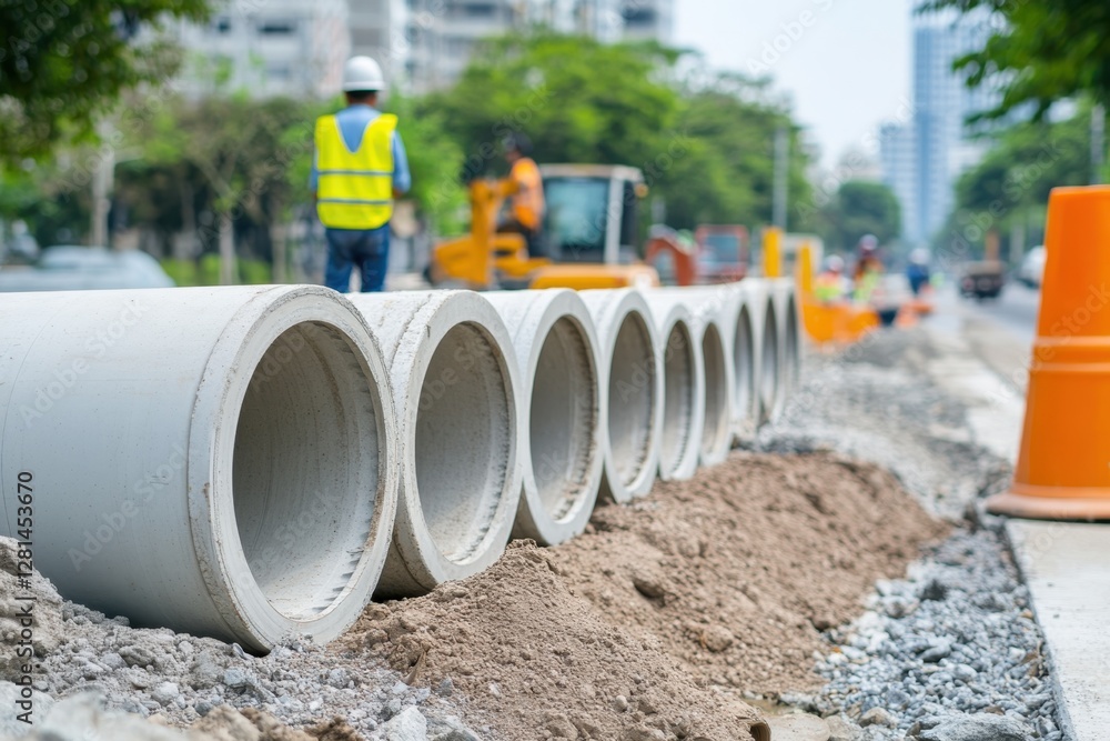 Large concrete pipes laid out for drainage system installation at construction site, with worker and equipment in the background. Large concrete pipes laid out for drainage system installation at construction site, with worker and equipment in the background.
