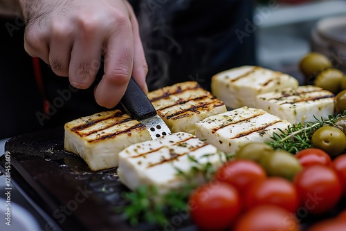 A delicious preparation of cypriot breakfast featuring grilled halloumi, olives, and fresh tomatoes. Enjoy this delightful meal as part of international breakfasts.