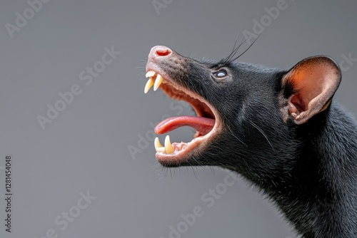 A Tasmanian devil bares its sharp teeth, mouth wide open with pink tongue visible, showcasing aggression on a gray backdrop. photo