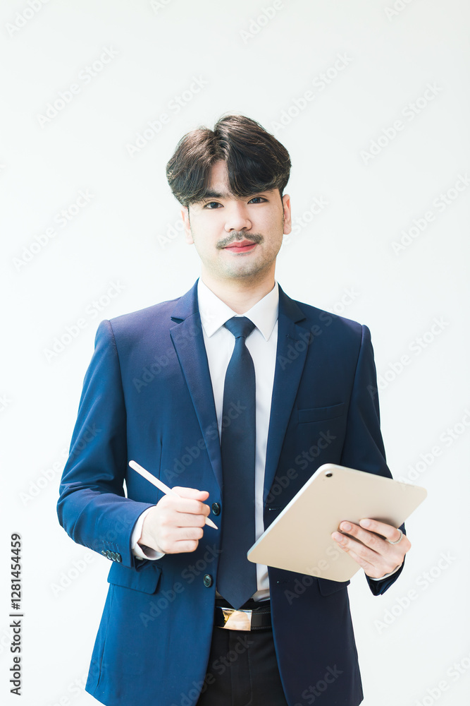 Young Asian businessman working with tablet in hand isolated on white background,portrait of young businessman in suit ,tie using tablet standing posing white background Young Asian businessman working with tablet in hand isolated on white background,portrait of young businessman in suit ,tie using tablet standing posing white background