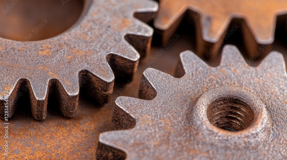 Close-up of interlocking rusty metal gears, showing teeth and wear, indicating age and mechanical function. Close-up of interlocking rusty metal gears, showing teeth and wear, indicating age and mechanical function.