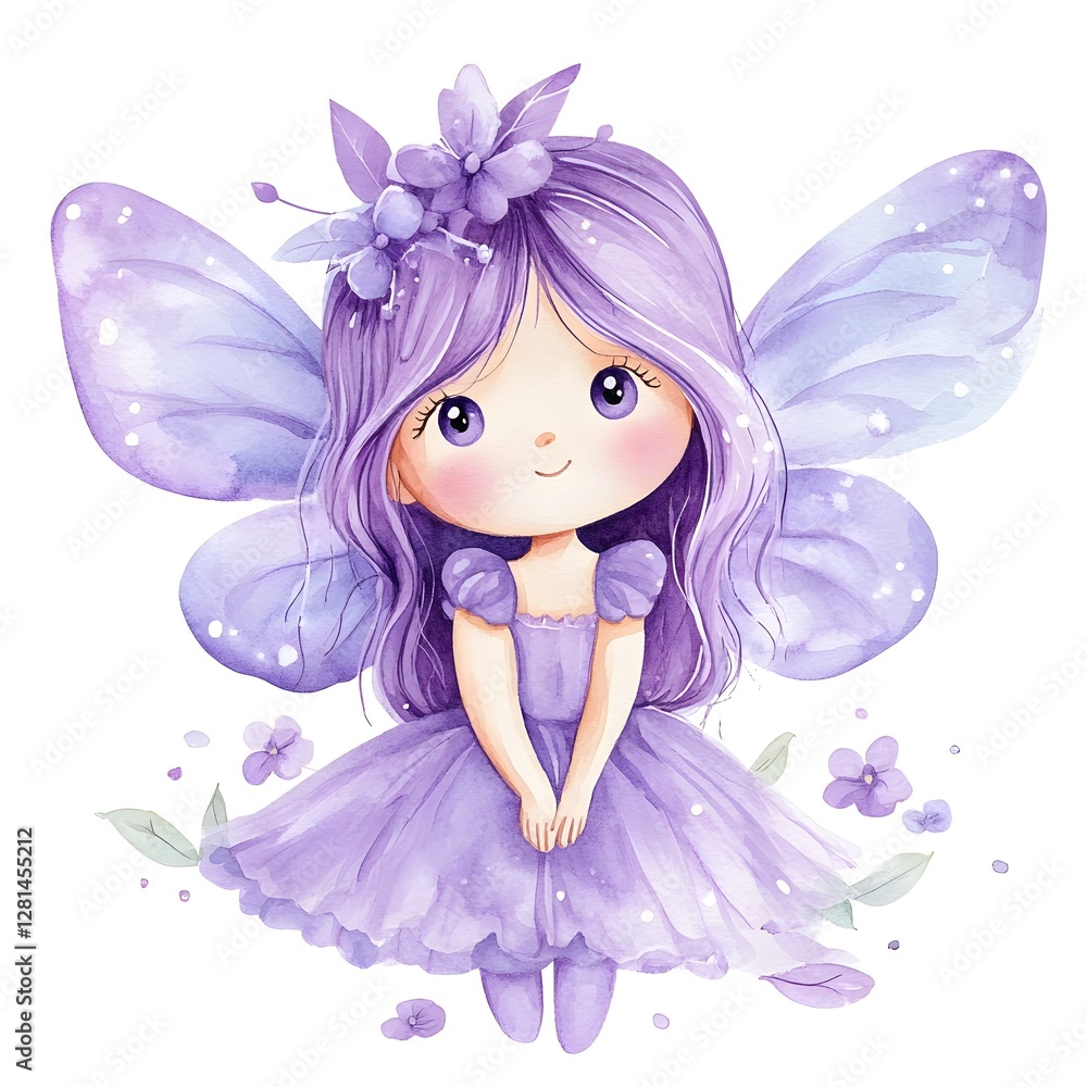 A sweet watercolor fairy with lavender hair and wings smiles charmingly, surrounded by delicate purple blossoms, embodying innocence and fairytale magic. A sweet watercolor fairy with lavender hair and wings smiles charmingly, surrounded by delicate purple blossoms, embodying innocence and fairytale magic.