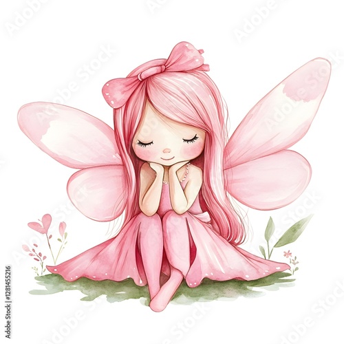 A charming watercolor illustration of a sweet fairy girl with pink hair and wings, sitting peacefully with her eyes closed, dreaming happily.