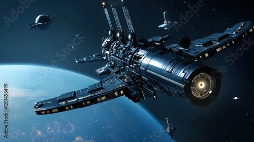 Wallpaper Mural A massive futuristic space station with modular docking ports, floating in deep space, surrounded by satellites and interstellar spacecraft Torontodigital.ca