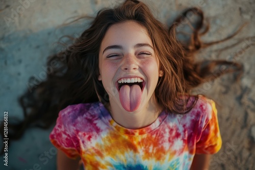 Tye Die. Brunette Woman with Funny Expression Dyeing Shirt and Sticking Out Tongue photo