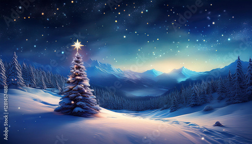 beau paysage feerique de montagne couverts de neige avec sapin la nuit flocon et ciel etoile joyeux noel bonne annee bonne vacances d hiver au ski fond de voeux avec espace de copie pour texte