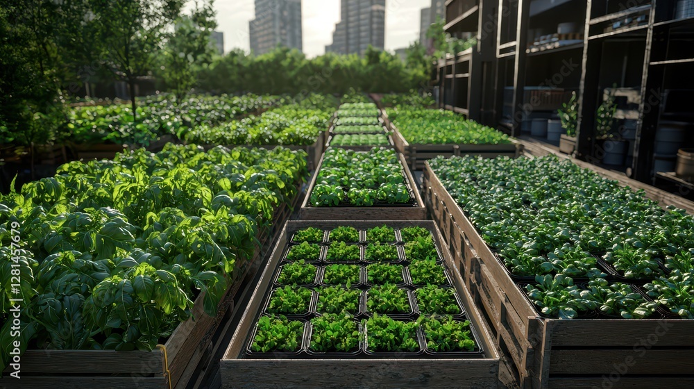 Urban Garden with Fresh Green Leafy Vegetables Urban Garden with Fresh Green Leafy Vegetables