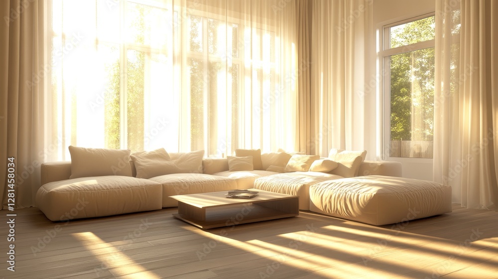 Fototapeta premium Warm Sunlight Streams Into a Cozy Living Room Highlighting a Green Plant on a Wooden Coffee Table in the Afternoon Glow of a Serene Home Setting