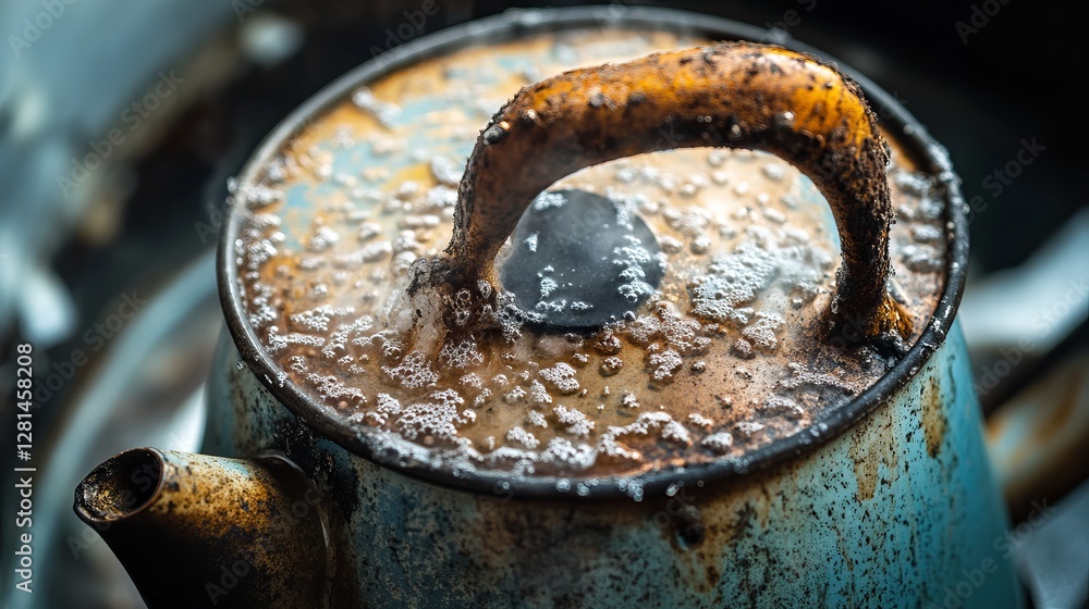 Limescale buildup inside an old kettle--chalky white calcium carbonate deposits caused by hard water Limescale buildup inside an old kettle--chalky white calcium carbonate deposits caused by hard water