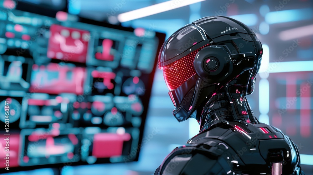A towering humanoid AI commander in advanced black battle armor, wearing a tactical cybernetic helmet with glowing red optical sensors, standing A towering humanoid AI commander in advanced black battle armor, wearing a tactical cybernetic helmet with glowing red optical sensors, standing