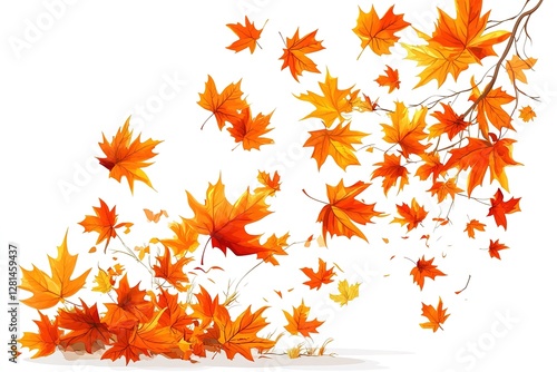 Autumn's Embrace: Vibrant Orange Maple Leaves Dancing in a Gentle Fall, a Captivating Display of Nature's Beauty, Perfect for Autumnal Designs, Fall-Themed Projects, Seasonal Decorations, and         